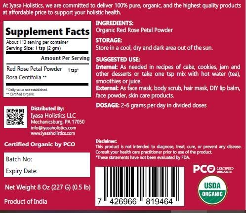 Organic Rose Petal Powder 8oz - USDA Certified Organic Rose Petals Food Grade - Refreshing Floral Tea Blend & Natural Pink Tint for Baking - DIY Skin & Hair Care by Iyasa Holistics