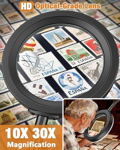 30X 10X Magnifying Glass with Light and Stand, 5 Color Modes Stepless Dimmable, Optical Grade HD Lens, LED Lighted Magnifier Hands Free with Flexible Gooseneck for Close Work, Craft, Hobby, Painting