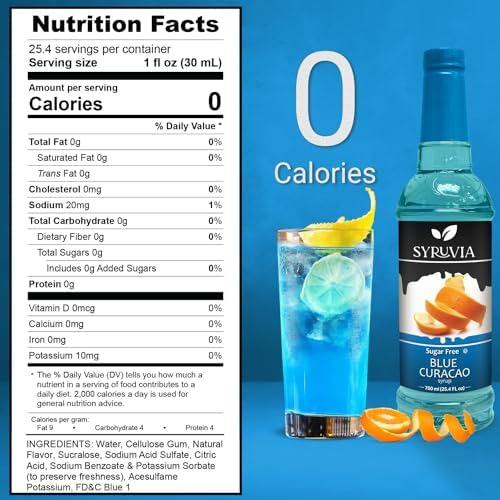 Syruvia Sugar Free Blue Curacao Syrup, Flavored Syrup for Cocktails, Drinks, Lemonades, Iced Teas, and Desserts – 25.4 fl oz, With Pump