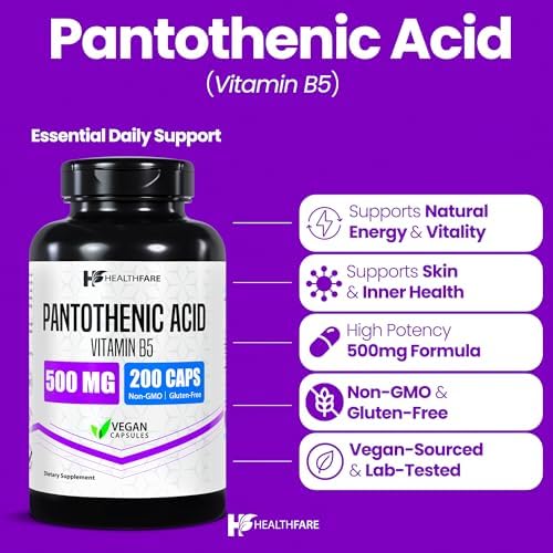 Healthfare Pantothenic Acid 500mg Vitamin B5 Supplement | 200 Vegan Capsules | Extra Strength Energy & Metabolism Support | Non-GMO, Gluten-Free | Made in USA