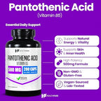 Healthfare Pantothenic Acid 500mg Vitamin B5 Supplement | 200 Vegan Capsules | Extra Strength Energy & Metabolism Support | Non-GMO, Gluten-Free | Made in USA