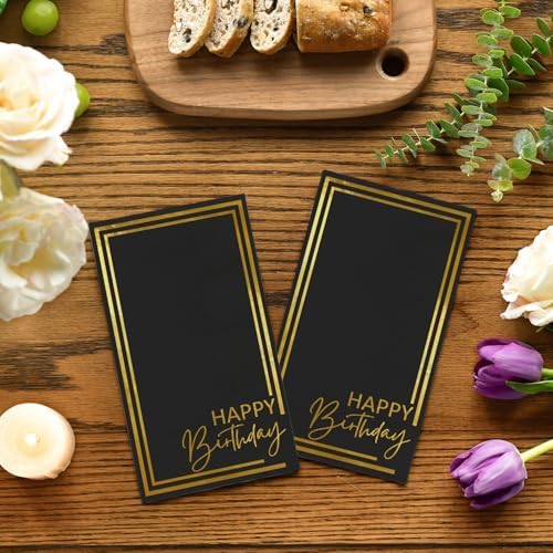 Horaldaily Birthday Disposable Paper Decorative Guest Napkins, Happy Birthday Gold Foil Black Elegent Celebration Hand Towel for Party Lunch Dinner Kitchen Bathroom
