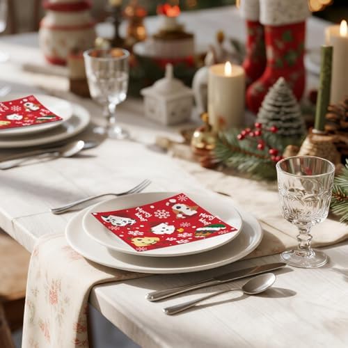 RUSPEPA 25 Pcs Christmas Dog Cocktail Napkins, 3 Ply Cute Puppy Faces and "Merry Woof" Design, Red Disposable Napkin Paper with for Holiday Party Table Decor, 5 x 5 Inch