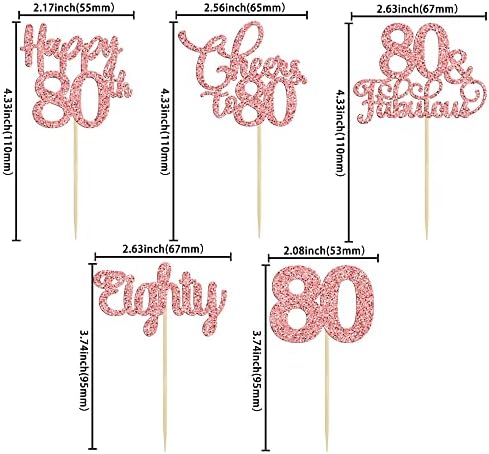 30 Pack Happy 80th Birthday Cupcake Toppers Rose Gold Glitter Eighty Cheers to 80 Years Old Birthday Cupcake Picks for Happy 80th Anniversary Party Cake Decorations