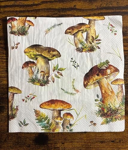 IHR Ideal Home Range Party Napkins Disposable 3-Ply Paper Lunch Napkin Pack, 6.5" x 6.5", Mushroom Collection, 20-Count