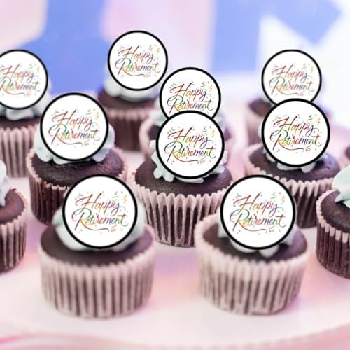 Happy Retirement Edible Cupcake Toppers – Colorful Celebration Designs for Retirement Parties & Milestone Celebrations (PRECUT, Pack of 24-1.5 Inch Discs)