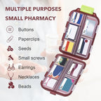 Medicine Pill Organizer With 189 Labels, 10 Compartments Travel Pill Box, Mini Case, Compact Container for Purse (Brown)