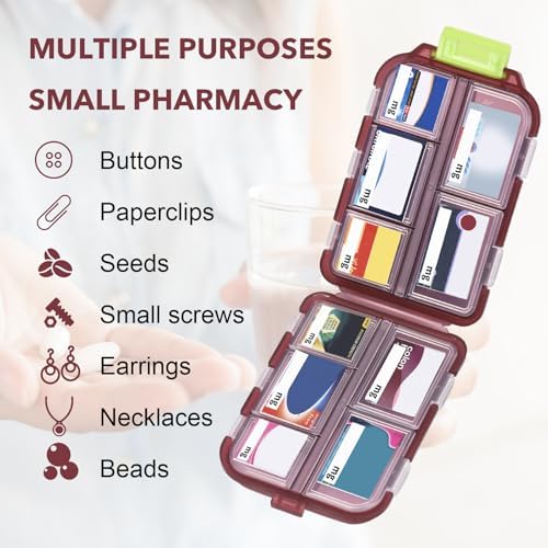 Medicine Pill Organizer With 189 Labels, 10 Compartments Travel Pill Box, Mini Case, Compact Container for Purse (Brown)