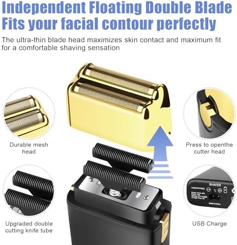 HIENA PRO Foil Shaver for Men Barber, Double Electric Foil Trimmer, Professional Electric Razor, Close Shaver, Cordless Rechargeable with USB, Black Gold