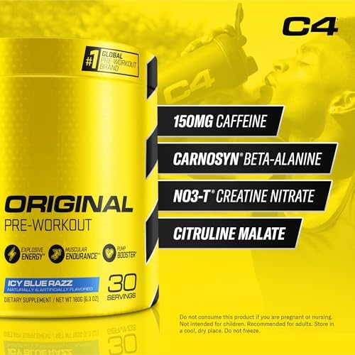 C4 Original Pre-Workout Powder For Endurance, Focus & Performance with 150mg Caffeine, Beta-Alanine, Creatine, Zero Sugar, 30 Servings, Icy Blue Razz