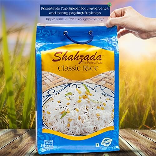 Shahzada Classic White Rice 10 lbs – Premium Aged, Aromatic & Flavorful Long Grain | Slender, Non-GMO, Quick Cooking, Everyday Rice in Resealable Zip-Lock Bag for Freshness
