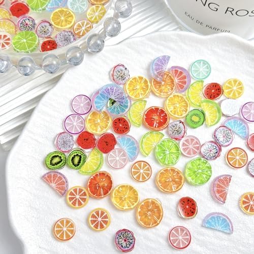 50Pcs Fruit Slices Nail Art Charms 3D Resin Flatback Design Nails Accessories with Simulated Oranges Kiwis Lemons Nail Jewelry Spring Summer Nails Art Supplies for Women DIY Manicure Gel Nails Decor
