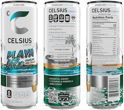 CELSIUS PLAYA VIBE Sparkling Pina Colada, Sugar Free Energy Drink, 12 Fl Oz (Pack of 12)