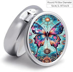 3 Compartment Travel Pill Case, Portable Round Pill Box for Pocket or Purse, Decorative Metal Medicine Vitamin Organizer. (Painted Butterfly)