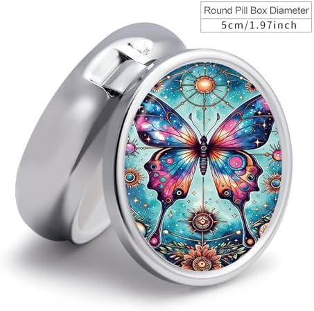 3 Compartment Travel Pill Case, Portable Round Pill Box for Pocket or Purse, Decorative Metal Medicine Vitamin Organizer. (Painted Butterfly)
