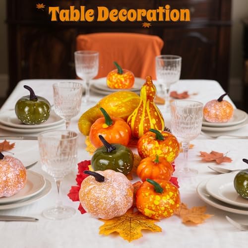 Fall Decorations 50pcs Artificial Pumpkin Set with Fake Maple Leaves & Acorns, Fall Decor for DIY Crafts Home Table Wreath Thanksgiving Halloween Autumn Harvest Party