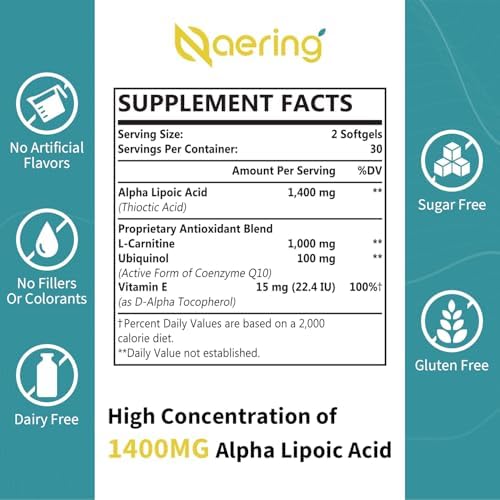 Liposomal Alpha Lipoic Acid 1400mg Softgels, ALA Supplement with L-Carnitine 1000mg, Ubiquinol (Active CoQ10) 100mg and Vitamin E 10mg,Alpha-Lipoic Acid for Antioxidants, Nerve,Energy 60 Softgels