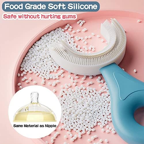 YOTEE U-Shaped Toothbrush Kids 2 PCS - Toddler Toothbrush with Food Grade Soft Silicone Brush Head, Manual Whole Mouth Tooth Brush for Kids Age 6-12(Blue+Pink)