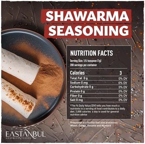 Eastanbul Shawarma Seasoning, 7.1oz, Shawarma Spice Blend, All-in-One Baharat Spice Blend of Middle Eastern & Mediterranean Seasonings, Perfect for Meat, Vegetables and Chicken, Sodium Free