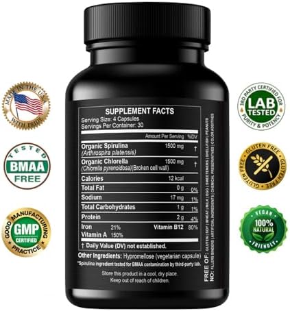 Chlorella Spirulina Powder Capsules 3000 mg of BMAA Free Purest Blue Green Algae - Best Natural Detox Raw Vegan Vitamins Protein Green Superfood - Made in USA