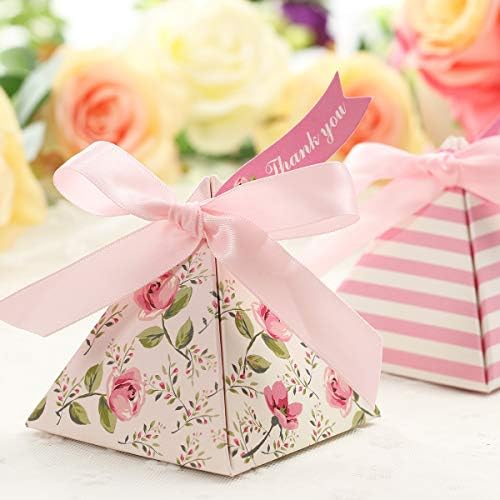 Toyvian 25 Pack Triangle Wedding Gift Boxes Double-sided Printing Flower Paper Candy Box for Wedding Party Favors (Pink)