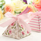 Toyvian 25 Pack Triangle Wedding Gift Boxes Double-sided Printing Flower Paper Candy Box for Wedding Party Favors (Pink)