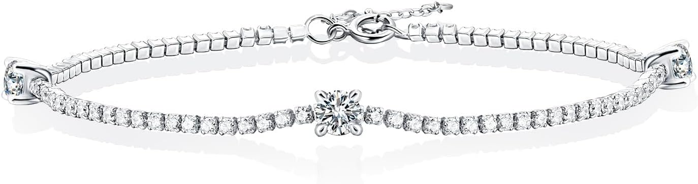 Moissanite Bracelet, Dainty 925 Sterling Silver Bracelets for Women Trendy 1.5ct Lab-Created Moissanite Diamond Charm Link Chain Bracelet Minimalist Adjustable Paperclip Cuban Cable Link Bracelets