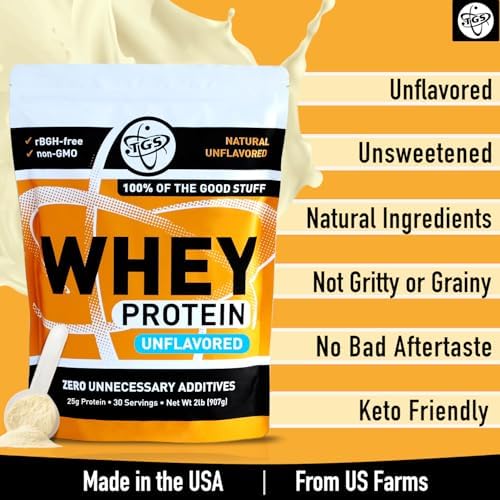 TGS Nutrition Whey Protein Powder Unflavored, Unsweetened - No Artificial Ingredients for Men & Women - 2lb Soy-Free, No Gluten, Keto Friendly - Post Workout Muscle Recovery