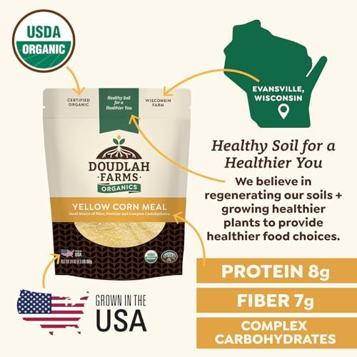 Organic Yellow Cornmeal 5 lb Fine Grind - Non-GMO, Gluten-Free, Sugar-Free, Farmed From Regenerative Soil, Vegan, Grown In USA, For Baking Cornbread, Muffins, Pancakes, and More by Doudlah Farms
