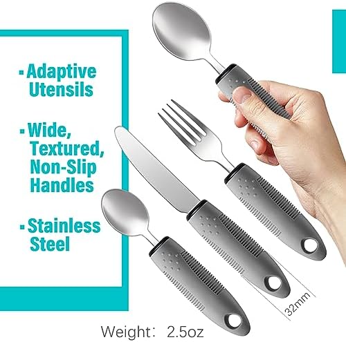 Nourislif Adaptive Utensils 4pcs For Hand Tremors,Elderly, Arthritis,Parkinsons-Built Up Utensils For Adults 2.5oz Each, Silverware Set With Handle, Flatware Cutlery Set For Seniors