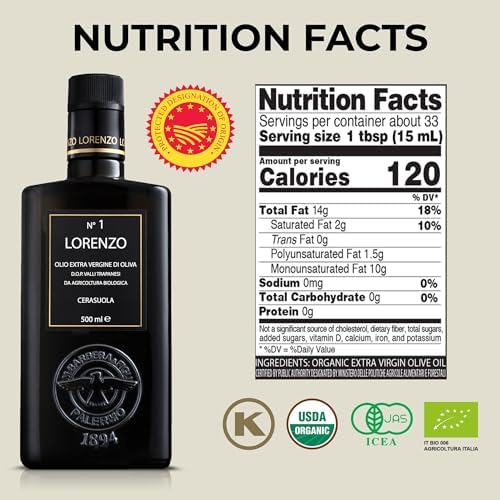 Barbera Lorenzo N° 1 Organic Extra Virgin Olive Oil PDO Valli Trapanesi, 16.9 fl oz | Premium Sicilian EVOO from Organic Cerasuola Olives | Bold Fruity Flavor & Cold-Pressed Quality