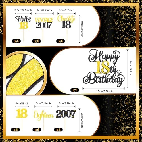 18th Birthday Decorations Cake Cupcake Toppers Set, Black Gold Glitter Happy 18th Birthday Cupcake Cake Topper Birthday Decorations for Him Her Boy Girls (1piece + 24pcs) (18thBirthday)