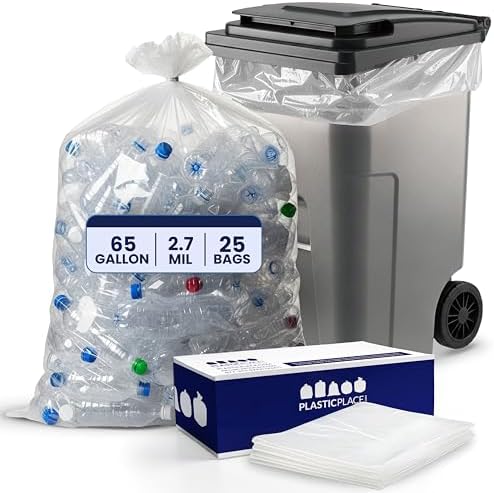 Plasticplace 65 Gallon Trash Bags │ 2.7 Mil │ Clear Heavy Duty Garbage Can Liners │ 50” x 48” (25 Count)