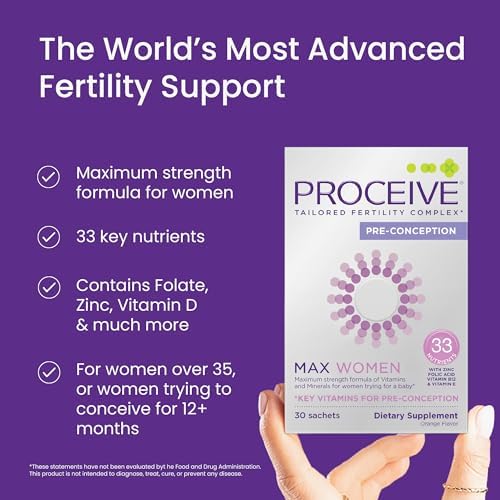 Proceive Max Tailored Fertility Supplement for Women, Pre Conception Vitamins, Minerals, and Amino Acids with Vitamin D, Zinc, Myo Inositol, and Folate, 30 Vegan Drink Mix Packets, Orange Flavor