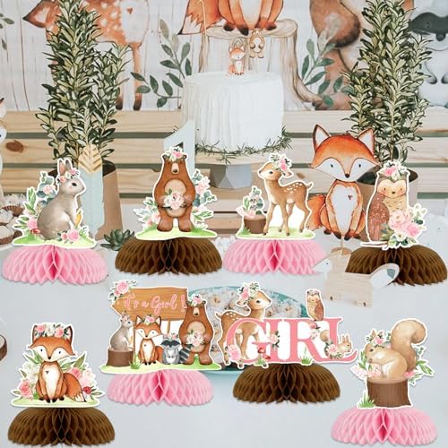 8 Pieces Woodland Animals Baby Shower Honeycomb Centerpieces for Girls, Pink Floral Woodland Table Decorations, Forest Animal Theme Party Supplies