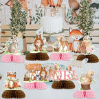 8 Pieces Woodland Animals Baby Shower Honeycomb Centerpieces for Girls, Pink Floral Woodland Table Decorations, Forest Animal Theme Party Supplies