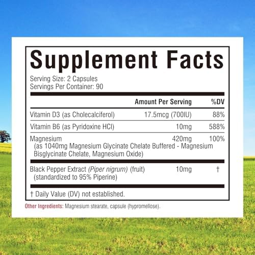 Innate Vitality Magnesium Glycinate Complex, 420mg Elemental Magnesium Per Serving, Enhanced Absorption, Black Pepper, Vitamin D3 & B6, Sleep Mood Bone Nerve Support, 180 Caps