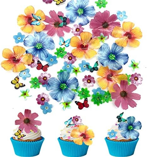 Weraru 58Pcs Edible Butterfly and Flowers Cake Topper Cupcake Toppers Wedding Themed Party Birthday Cake Decoration Mixed Size & Colour