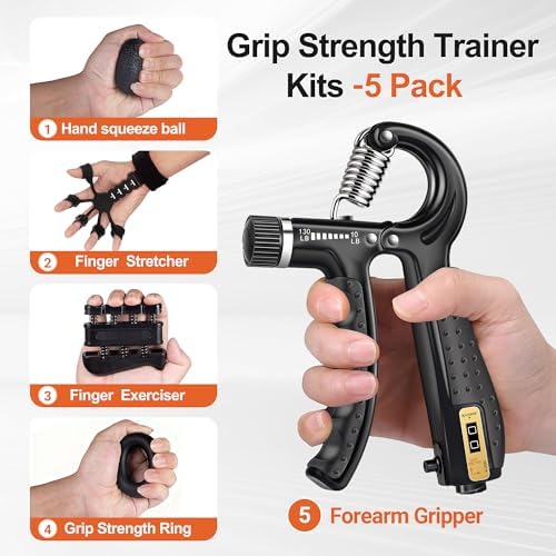 Grip Strength Trainer Kit (5 Pack) Adjustable Resistance Hand Gripper,Finger Exerciser,Hand Extension Exerciser,Stress Relief Ball and Forearm Workout Ring for Muscle Building Injury Recover