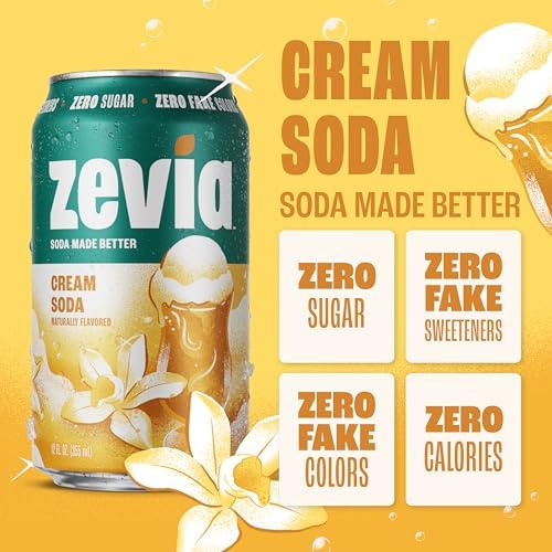Zevia Zero Sugar Soda, Cream Soda, 12 oz Cans (24-Pack) – Naturally Sweetened, Non-GMO Project Verified, Gluten-Free, Vegan