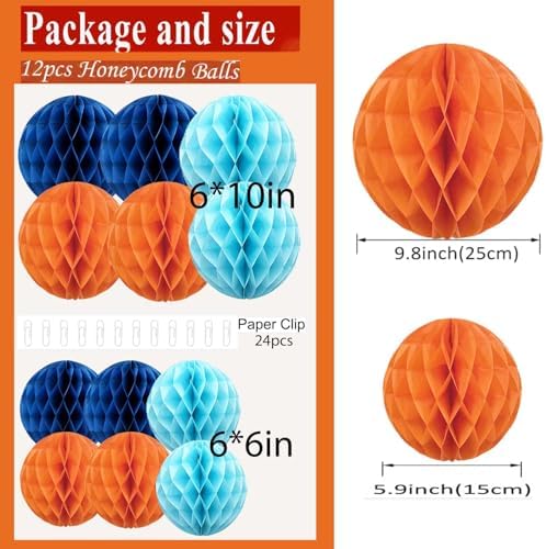 Orange and Blue Rainbow Paper Honeycomb Balls,6 and 10 inch Hanging Tissue Pompoms,12 Pack Party Decorations