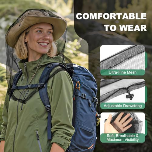 2 Pack Premium Mosquito Head Nets with Drawstring, Breathable Ultra Large Bug Net for Head, Mosquito Net Hat for Men and Women, Universal Fit for Hats, Essential for Outdoor Activities Black