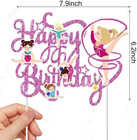 Purple Gymnastics Cake Topper Happy Birthday Sign Cake Decoration Cake Top Hat Sparkling Gymnast Girl Cake Topper Decorations for Gymnast Themed Baby Girl Birthday Party Supplies