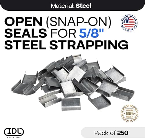 IDL Packaging 5/8" Open (Snap-On) Seals for Steel Strapping, Pack of 250 - USA-Made Sturdy Metal Clips for Securing Heavy Packaging and Pallet Banding - Superior Holding Power for Steel Banding Jobs