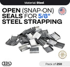 IDL Packaging 5/8" Open (Snap-On) Seals for Steel Strapping, Pack of 250 - USA-Made Sturdy Metal Clips for Securing Heavy Packaging and Pallet Banding - Superior Holding Power for Steel Banding Jobs