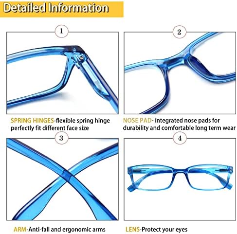 Kerecsen 4 Pack Reading Glasses for Men and Women with Spring Hinges, Lightweight Black Rectangular Readers Eyeglasses (4 Pack Blue, 1.5, x)
