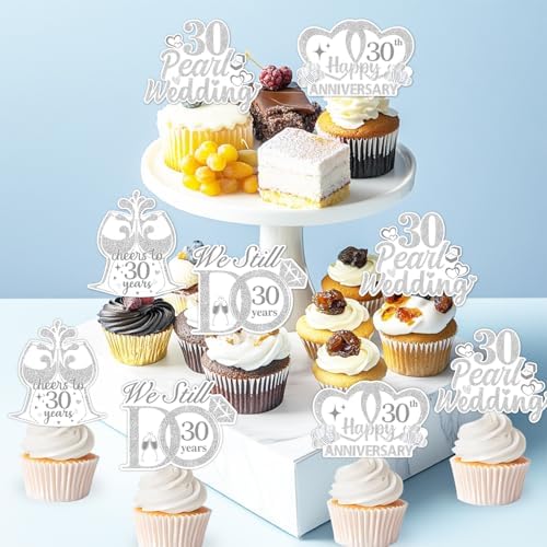 36 PCS 30th Anniversary Cupcake Toppers 30th Pearl Wedding Anniversary Cupcake Picks Double-Sided Printing Cheers to 30 Years We Still Do 30 Years Cake Decoration Anniversary Supplies