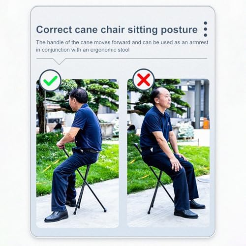 300 Lbs Crutch Stool with Seat,Lightweight Folding Walking Stick Chair Portable Thick Aluminum AlloyCane for Senior Elderly Camping Hiking Black