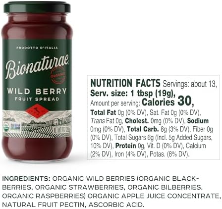 Bionaturae Organic Wild Berry Fruit Spread - Jelly Organic, Non-GMO, USDA Certified, No Sugar Added, No Preservatives, Organic Fruit Jam, Jam Organic, Made in Italy - 9 Oz