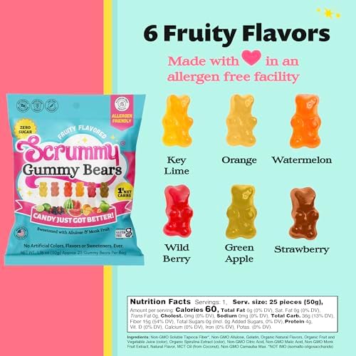 Scrummy Sugar Free Gummy Bears Pack of 8 Bags - 1.8 Oz Bags - Sugar-Free Gummies, No Sugar Alcohols, No Chemical Sweeteners, No artificial Colors or Flavors, Gluten-Free, Keto-Friendly Candy